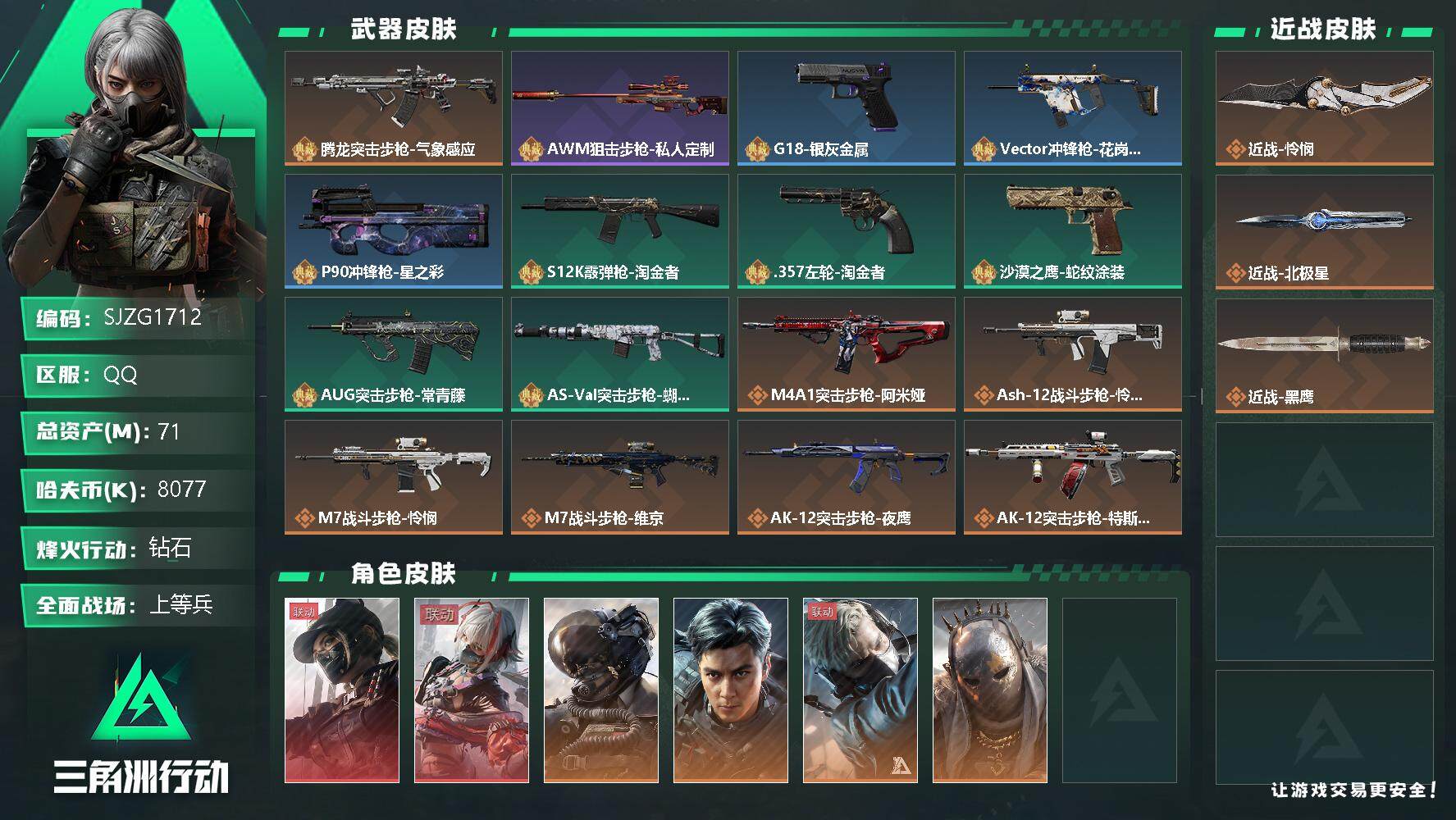 三角洲行动账号QQ【SJZG1712】总资产(M)：71M/哈夫币(K)：8077K/哈夫币(K)：8077K/全面战