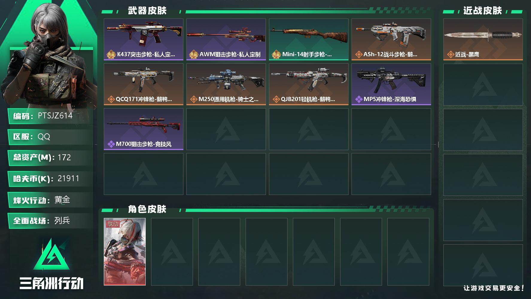 三角洲行动账号QQ【PTSJZ614】21911k哈伏币-141m流动资产-60烽火等级-黄金-9战场等级-列兵
【干