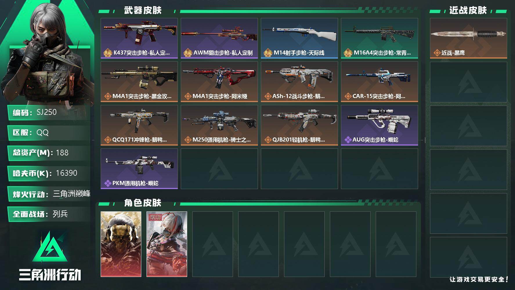 三角洲行动账号QQ【SJ250】16390k哈伏币-97m流动资产-60烽火等级-三角洲巅峰-9战场等级-列兵
【干员