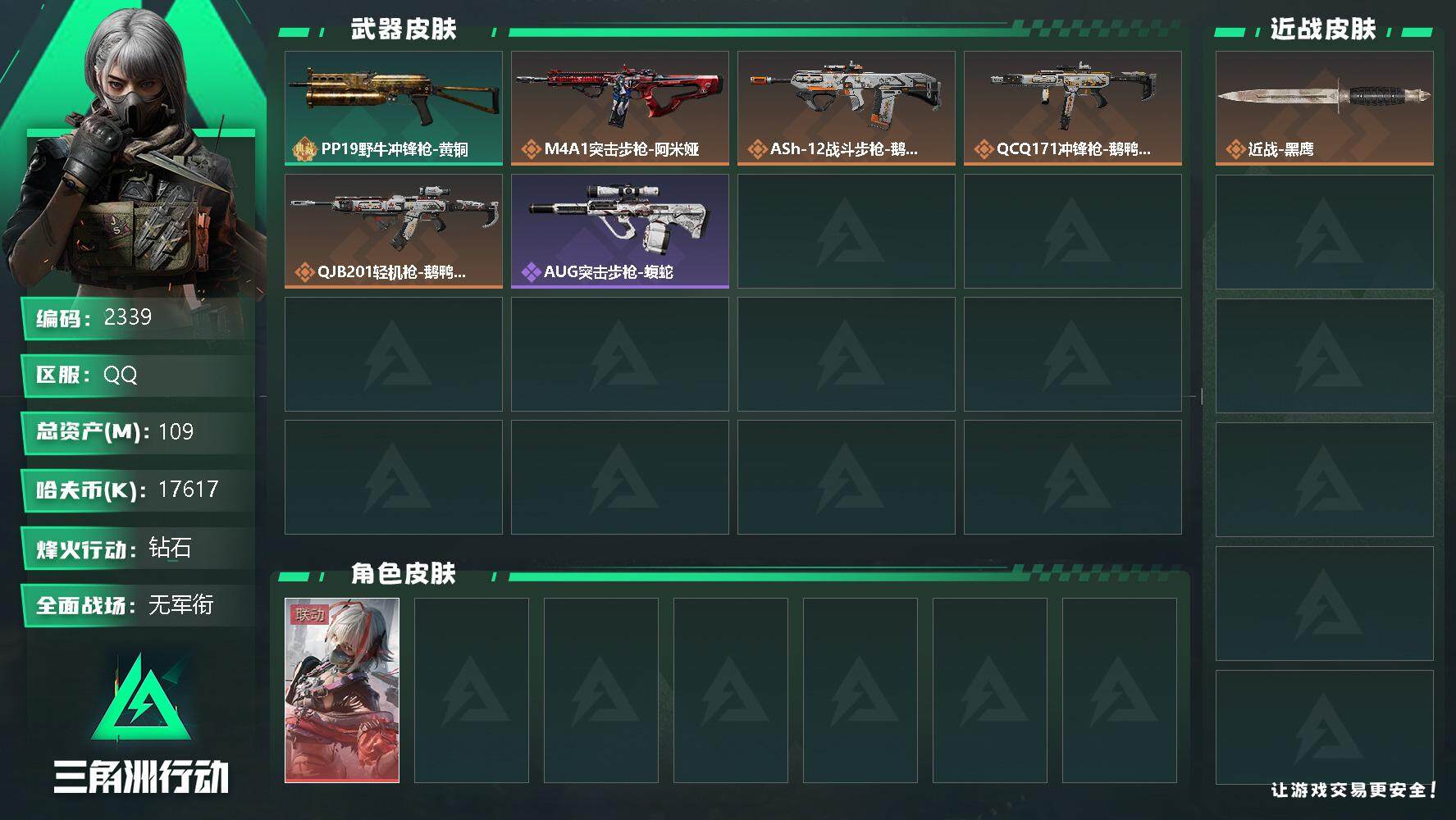 三角洲行动账号QQ总资产(M)：109M/哈夫币(K)：17617K/哈夫币(K)：17617K/全面战场等级：1_段