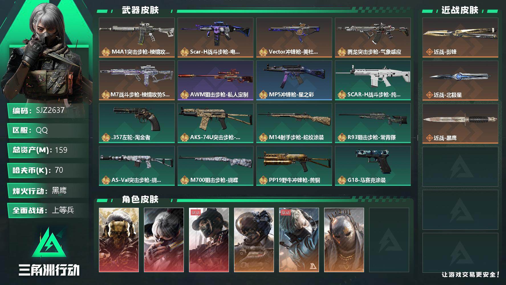 三角洲行动账号QQ【SJZ2637】总资产(M)：159M/哈夫币(K)：70K/哈夫币(K)：70K/全面战场等级：