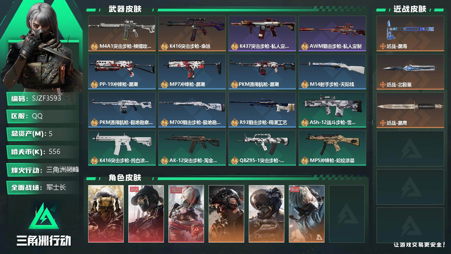 三角洲行动账号QQ【SJZF3593】总资产(M)：5M/哈夫币(K)：556K/哈夫币(K)：556K/全面战场等级
