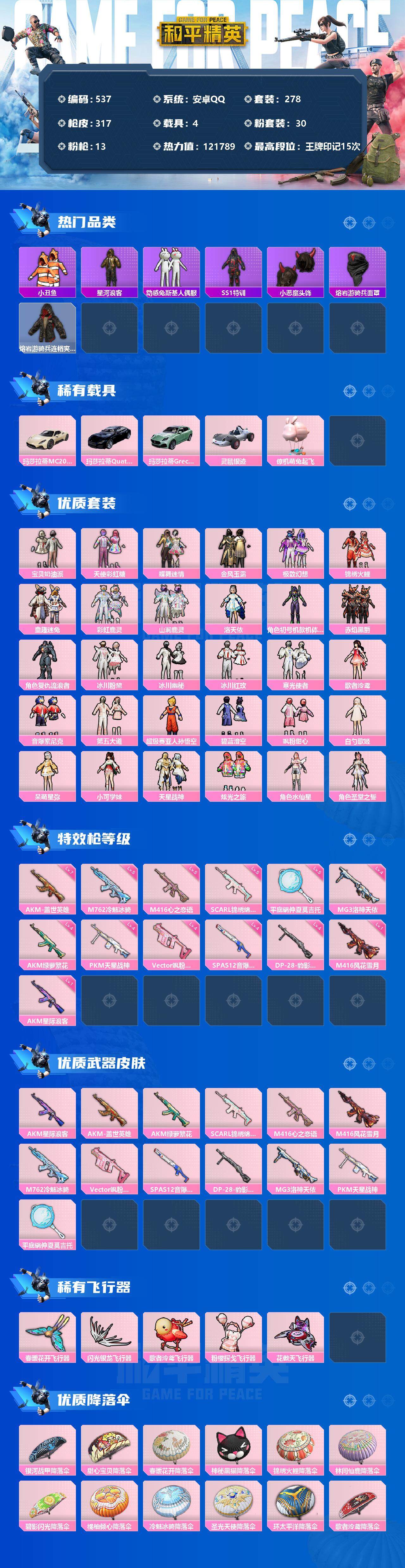 和平精英账号安卓QQ4载具-278套装-317枪皮-278套装/枪械13/装备479/载具4/战备229/王牌印记15/