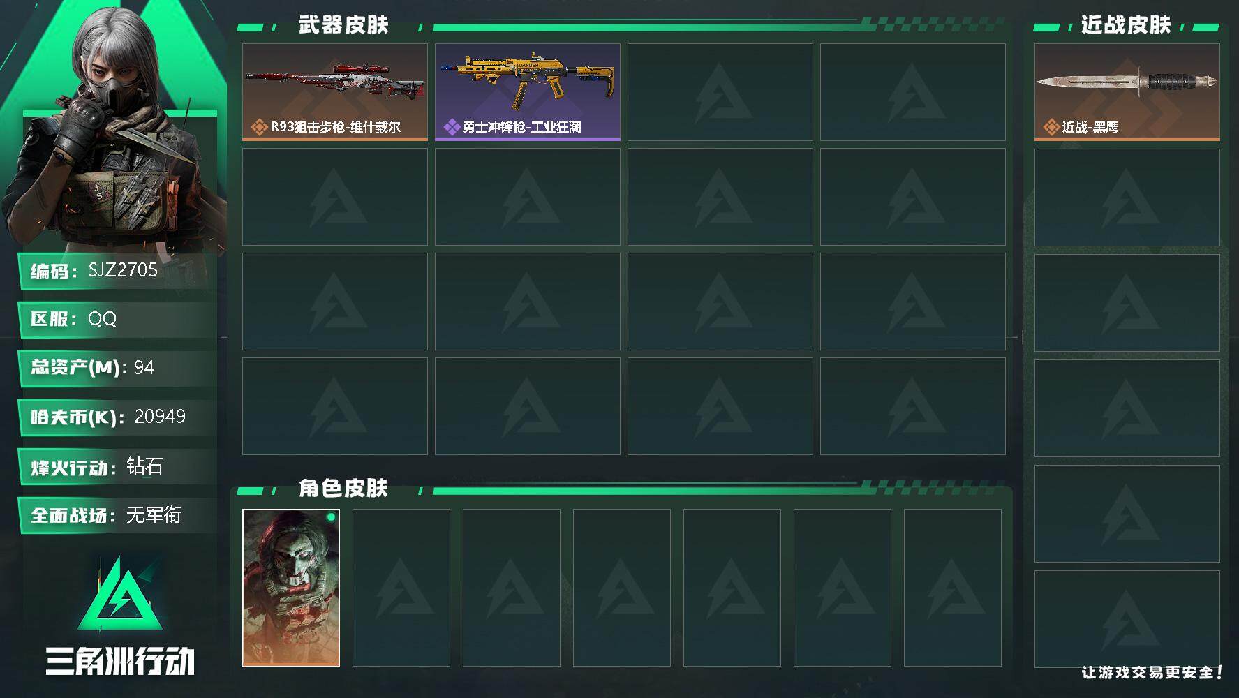 三角洲行动账号QQ【SJZ2705】总资产(M)：94M/哈夫币(K)：20949K/哈夫币(K)：20949K/全面