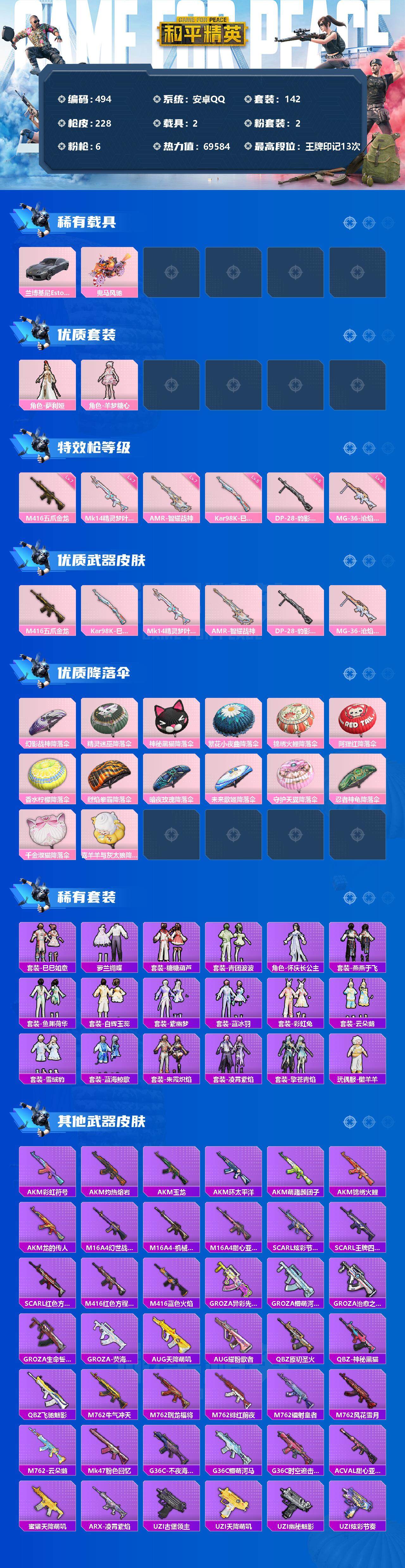 和平精英账号安卓QQ2载具-142套装-228枪皮-142套装/枪械6/装备294/载具2/战备159/王牌印记13/热