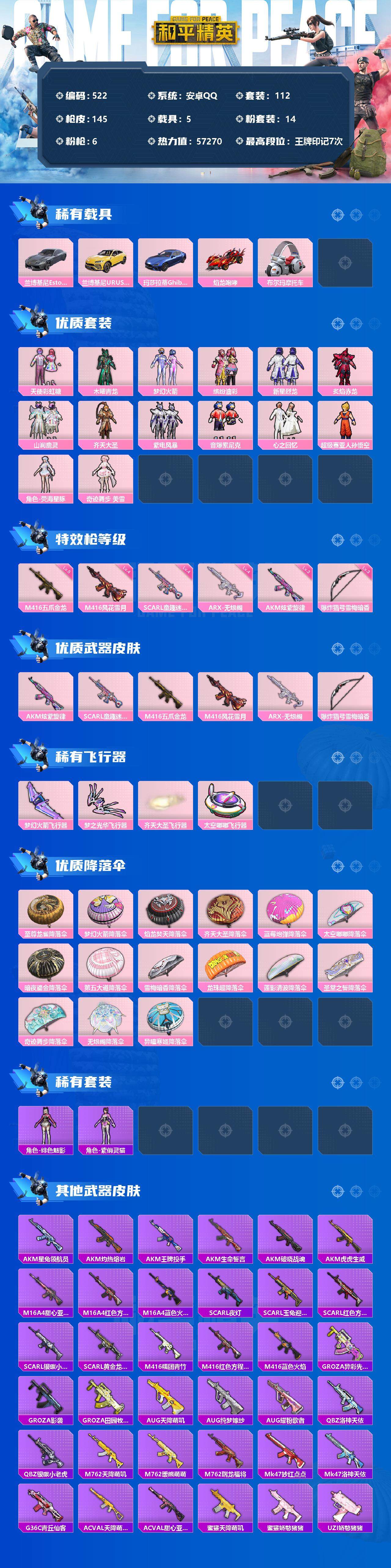 和平精英账号安卓QQ5载具-112套装-145枪皮-112套装/枪械6/装备181/载具5/战备125/王牌印记7/热力