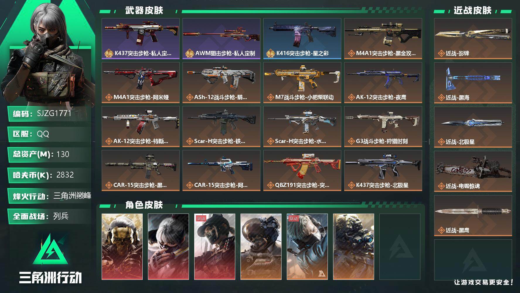 三角洲行动账号QQ【SJZG1771】总资产(M)：130M/哈夫币(K)：2832K/哈夫币(K)：2832K/传说枪皮数：35/全面战场等级：16_段位：列兵/烽火地带等级：60_段位：三角洲巅峰/红狼-蚀金玫瑰