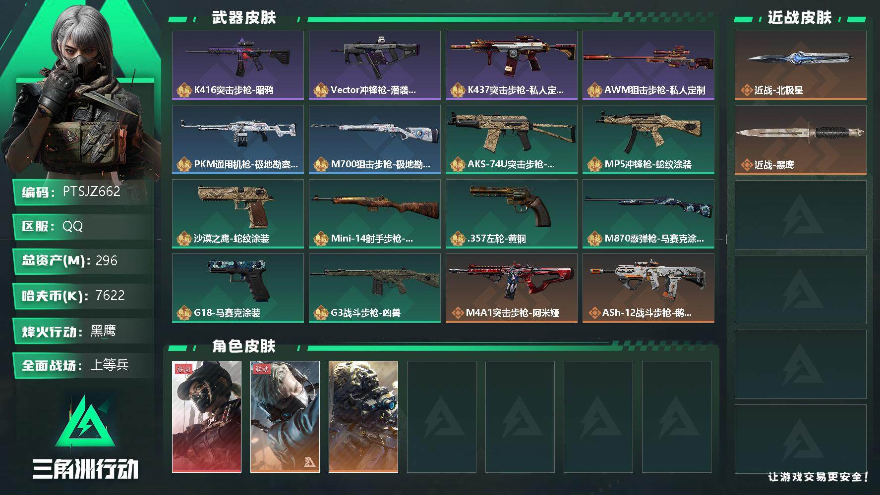 三角洲行动账号QQ【PTSJZ662】7622k哈伏币-119m流动资产-60烽火等级-黑鹰-25战场等级-上等兵
【