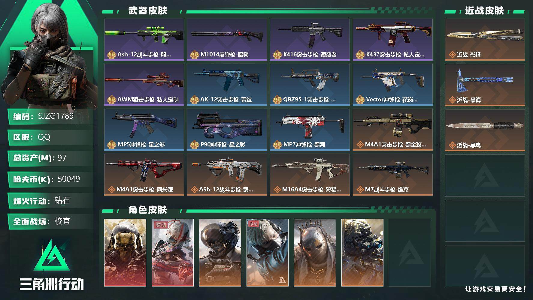 三角洲行动账号QQ【SJZG1789】总资产(M)：97M/哈夫币(K)：50049K/哈夫币(K)：50049K/全面战场等级：50_段位：校官/烽火地带等级：60_段位：钻石/红狼-蚀金玫瑰/骇爪-维什戴尔/威龙