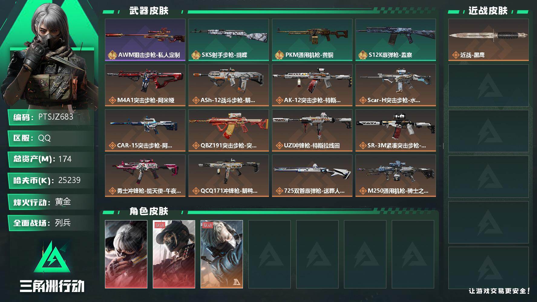 三角洲行动账号QQ【PTSJZ683】25239k哈伏币-94m流动资产-60烽火等级-黄金-16战场等级-列兵
【干