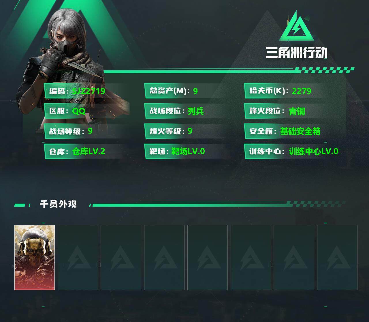 三角洲行动账号QQ【SJZ2719】总资产(M)：9M/哈夫币(K)：2279K/哈夫币(K)：2279K/全面战场等级：9_段位：列兵/烽火地带等级：9_段位：青铜/红狼-蚀金玫瑰