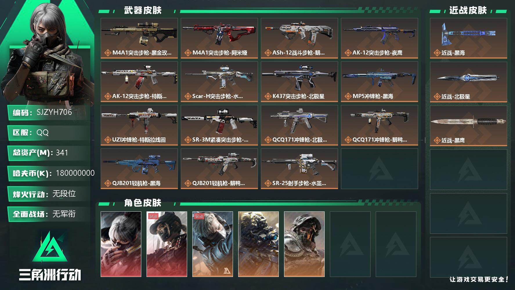 三角洲行动账号QQ【SJZYH706】总资产(M)：341M/哈夫币(K)：180000000K/哈夫币(K)：180000000K/传说枪皮数：26/烽火地带等级：60_段位：无段位/无名-夜鹰/蜂医-送葬人·无题