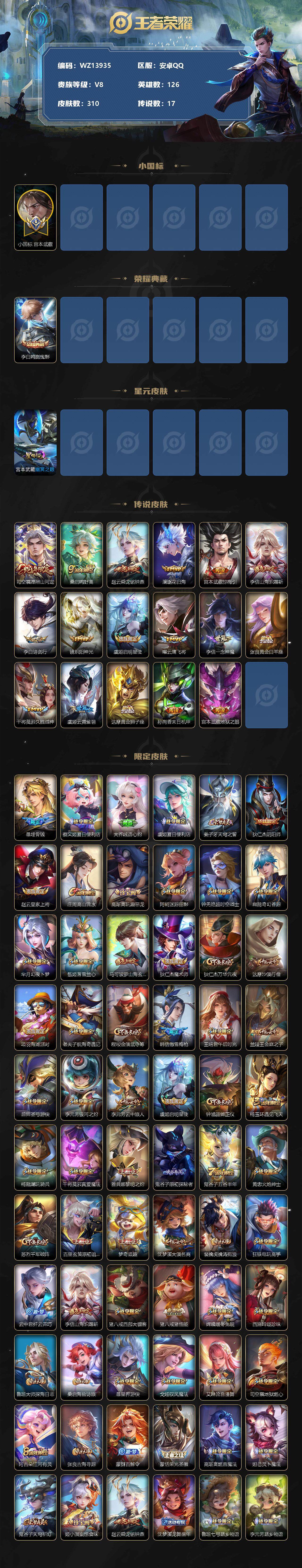 王者荣耀账号安卓QQ【WZ13935】HC52140，，打野45段/小国标宫本/1星元，安卓Q-V8-最强王者段位-126英雄-310皮肤-1典藏-0珍品无双-0无双-0珍品传说-17传说-87史诗
【英雄全皮】：李信