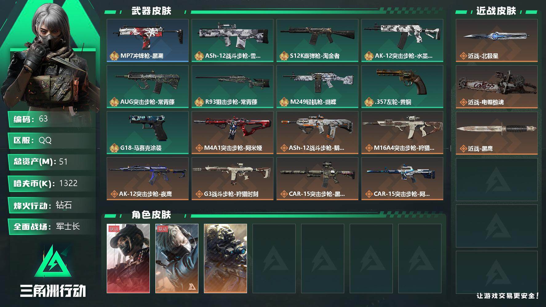 三角洲行动账号QQ【天才少年徽章 绝版北极星 电锯惊魂 8级仓库 满体力 满负重 满潜水】1322k哈伏币-2m流动资