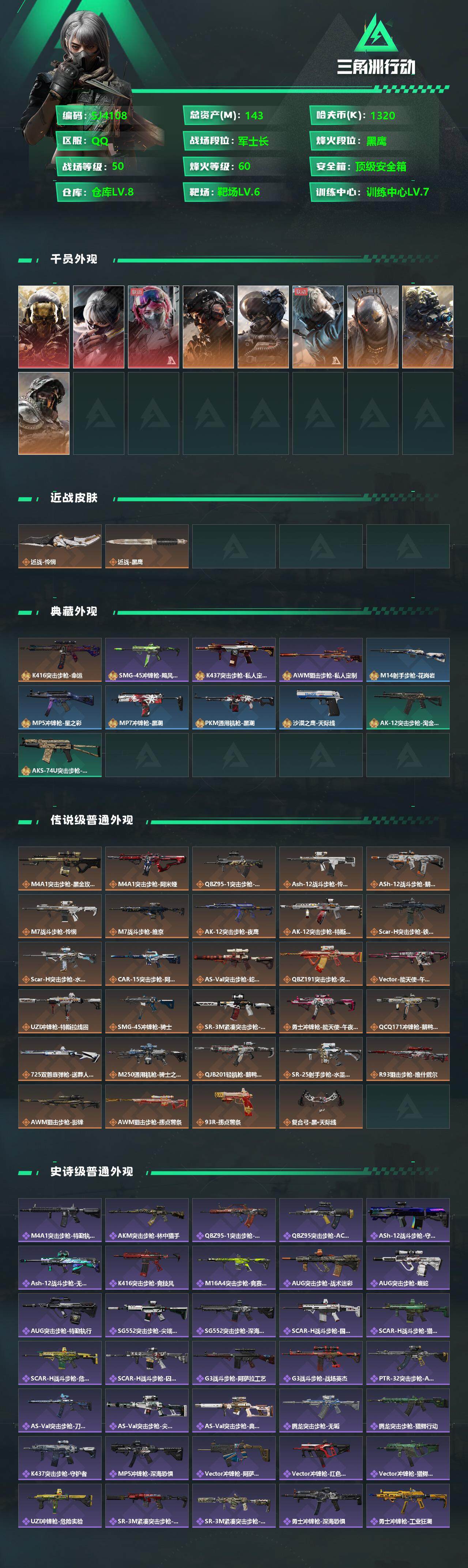 三角洲行动账号QQ【SJ4108】总资产(M)：143M/哈夫币(K)：1320K/哈夫币(K)：1320K/全面战场