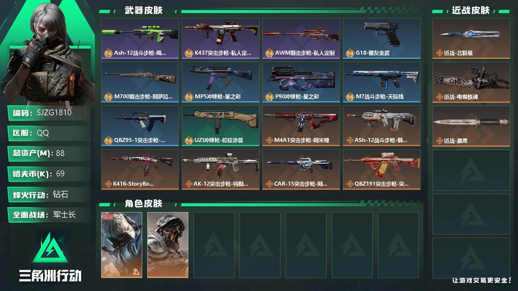 三角洲行动账号QQ【SJZG1810】总资产(M)：88M/哈夫币(K)：69K/哈夫币(K)：69K/全面战场等级：50_段位：军士长/烽火地带等级：60_段位：钻石/蜂医-送葬人·无题密令/深蓝-不破誓约/近战-