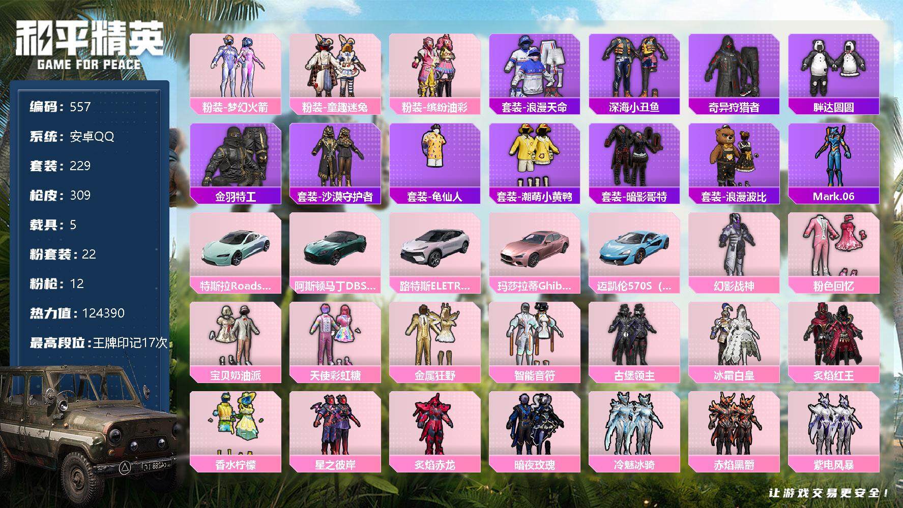 和平精英账号安卓QQ5载具-229套装-309枪皮-229套装/枪械12/装备458/载具5/战备211/王牌印记17/