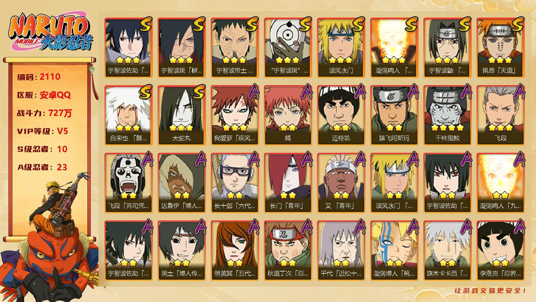 火影忍者账号安卓QQV5，10S，23A，727W战力，有真容卡卡西、四代黑土等热门A忍。碎片须佐卡卡西50片，死门凯60片，日斩55片，创立柱间70片，忍战艾86片，桃式65片，（连体王者43皮肤，1传说）YY147