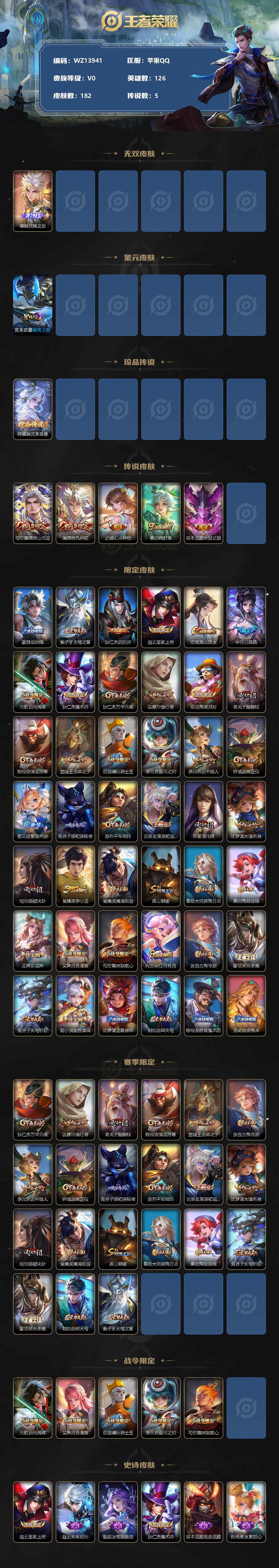 王者荣耀账号苹果QQ【WZ13941】，，，HCA30468，，，，苹果Q-V0-最强王者段位-126英雄-182皮肤-0典藏-0珍品无双-1无双-1珍品传说-5传说-39史诗
【英雄全皮】：司空震全皮，影全皮
【无双