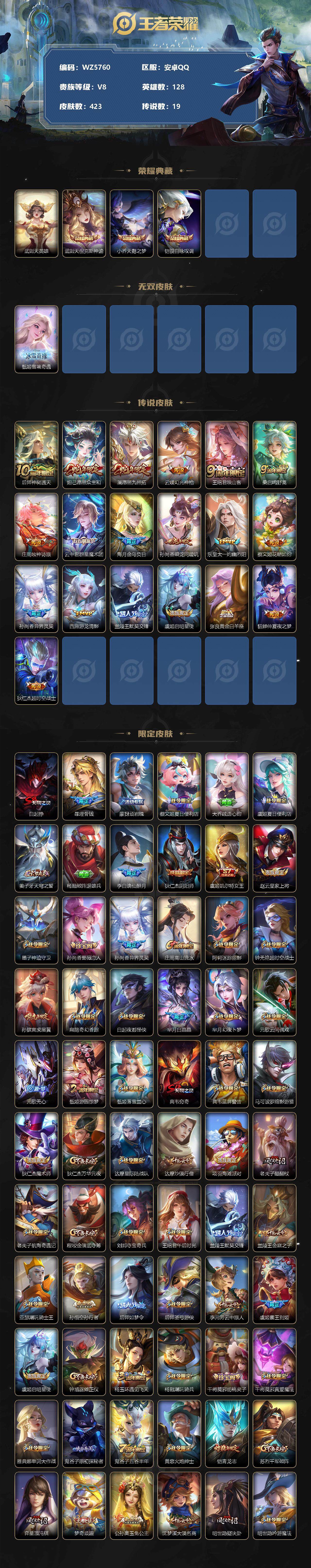 王者荣耀账号安卓QQ安卓Q-V8-永恒钻石V段位-128英雄-423皮肤-3典藏-0珍品无双-1无双-0珍品传说-19传说-130史诗
【英雄全皮】：刘禅全皮，刘邦全皮，狂铁全皮，猪八戒全皮，阿古朵全皮，桑启全皮，戈娅