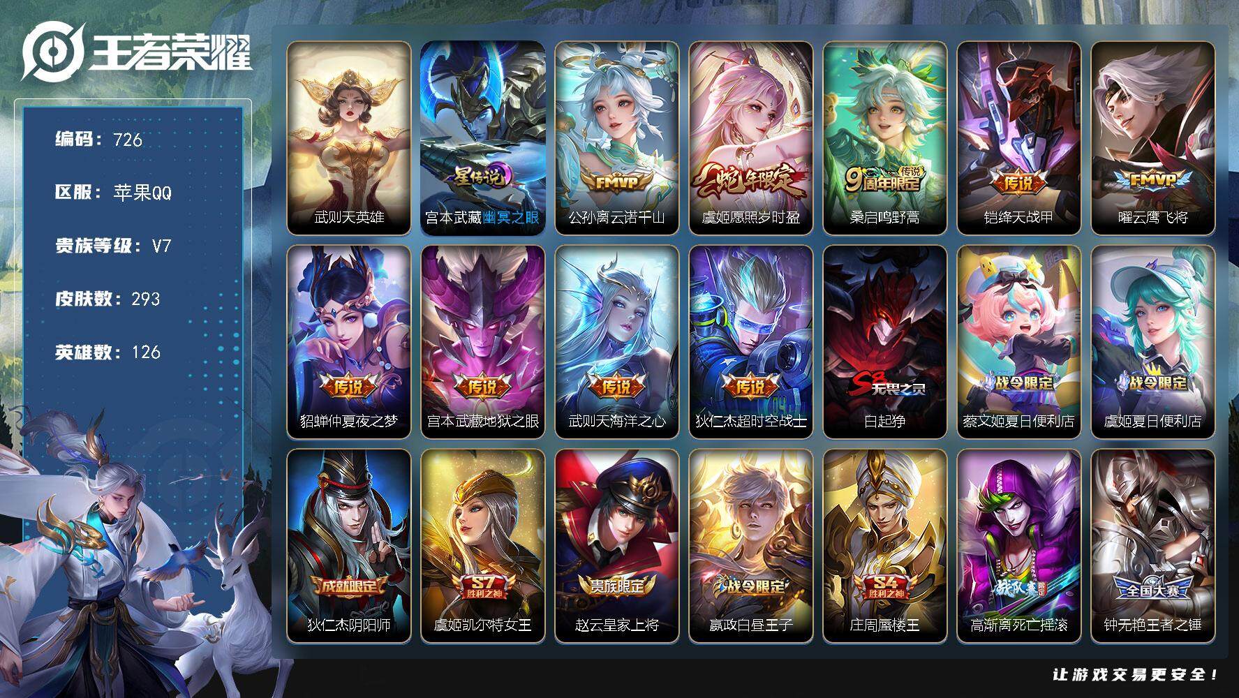 王者荣耀账号苹果QQV7-126英雄-293皮肤-9传说-85史诗，达摩金标6885分YH7025
【英雄全皮】：孙权全皮，影全皮
【荣耀典藏】：武则天英雄
【传说皮肤】：公孙离云诺千山，虞姬愿照岁时盈，桑启鸣野蒿，铠