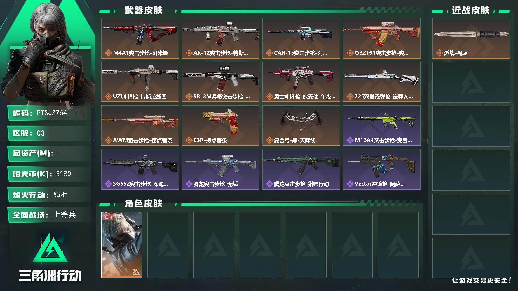 三角洲行动账号QQ【PTSJZ764】3180k哈伏币-79m流动资产-57烽火等级-钻石-19战场等级-上等兵
【干