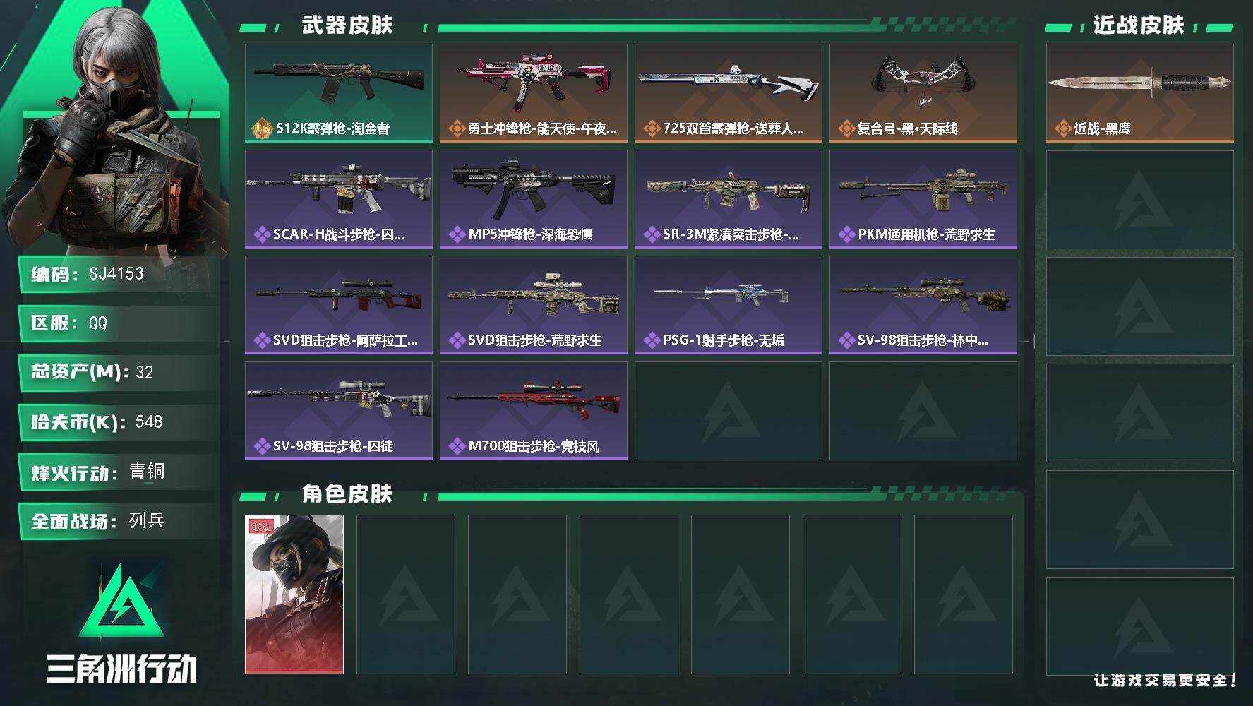 三角洲行动账号QQ【SJ4153】总资产(M)：32M/哈夫币(K)：548K/哈夫币(K)：548K/传说枪皮数：3
