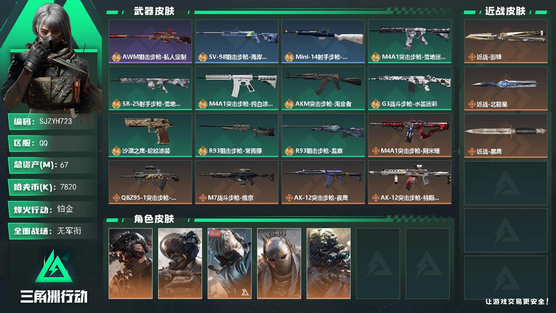 三角洲行动账号QQ【SJZYH723】总资产(M)：67M/哈夫币(K)：7820K/哈夫币(K)：7820K/全面战场等级：1_段位：无段位/烽火地带等级：60_段位：铂金/威龙-铁面判官/威龙-壮志凌云/蜂医-送