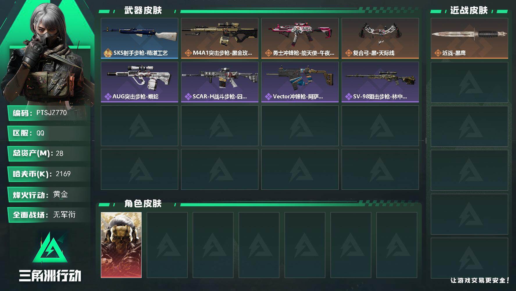 三角洲行动账号QQ【PTSJZ770】2169k哈伏币-15m流动资产-53烽火等级-黄金-1战场等级-无军衔
【干员