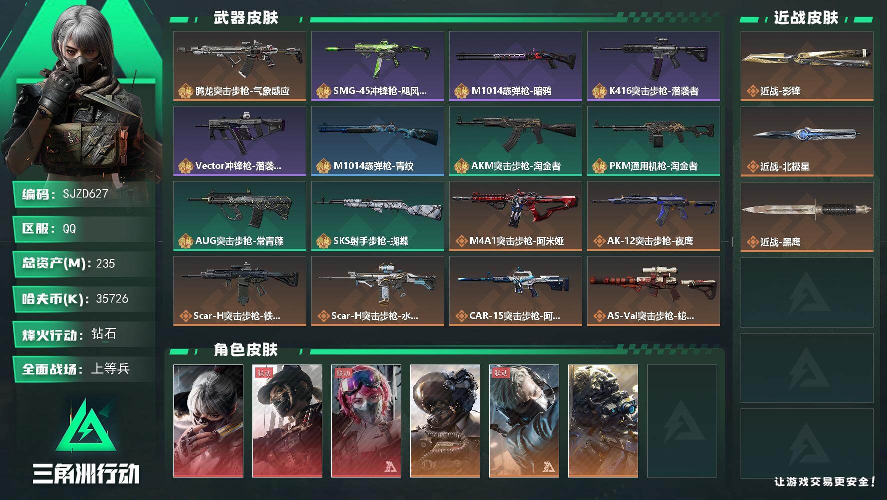 三角洲行动账号QQ【SJZD627】总资产(M)：235M/哈夫币(K)：35726K/哈夫币(K)：35726K/全面战场等级：50_段位：上等兵/烽火地带等级：60_段位：钻石/骇爪-水墨云图/露娜-黑·天际线/