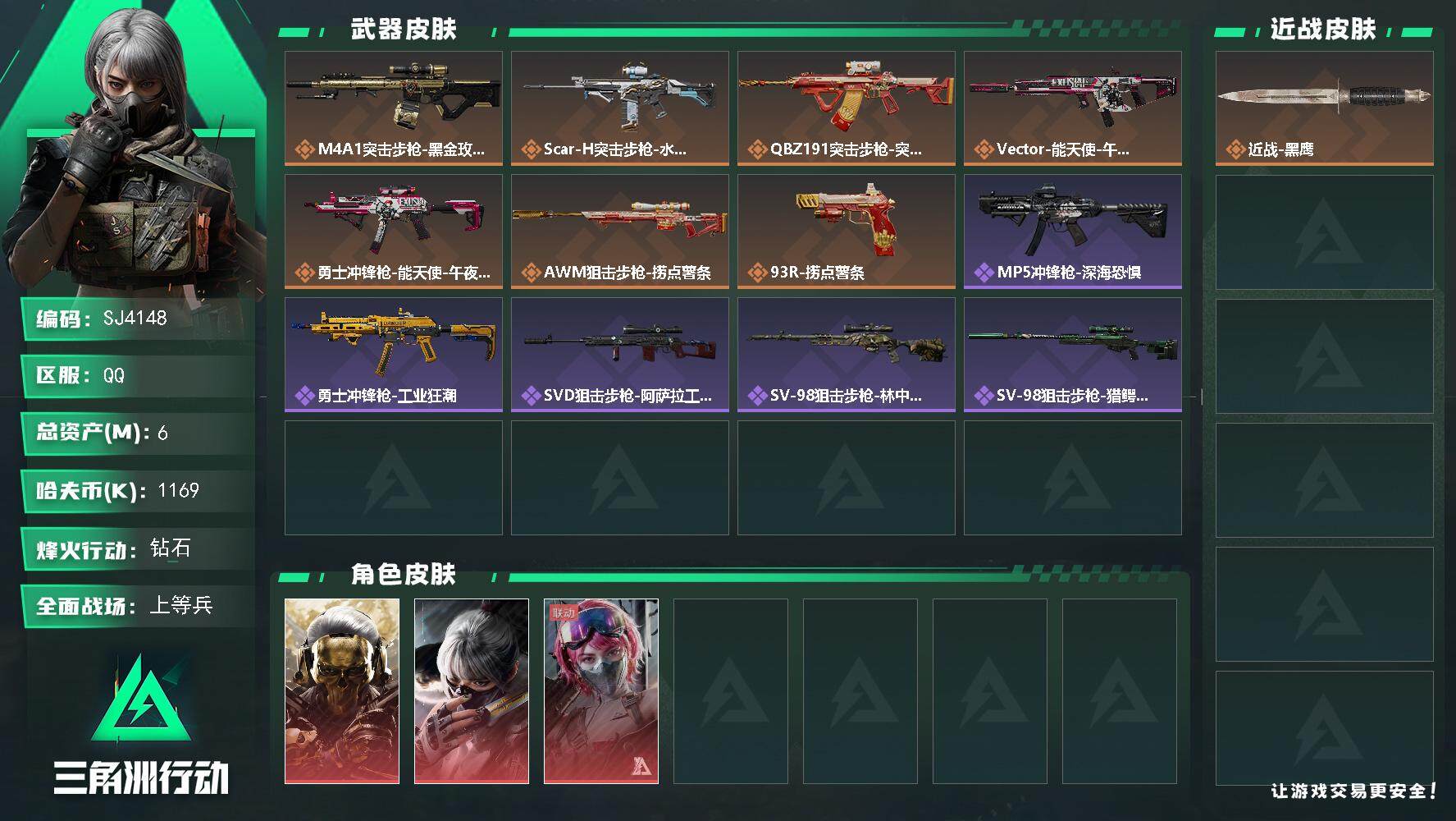 三角洲行动账号QQ【SJ4148】总资产(M)：6M/哈夫币(K)：1169K/哈夫币(K)：1169K/传说枪皮数：9/全面战场等级：19_段位：上等兵/烽火地带等级：44_段位：钻石/红狼-蚀金玫瑰/骇爪-水墨云