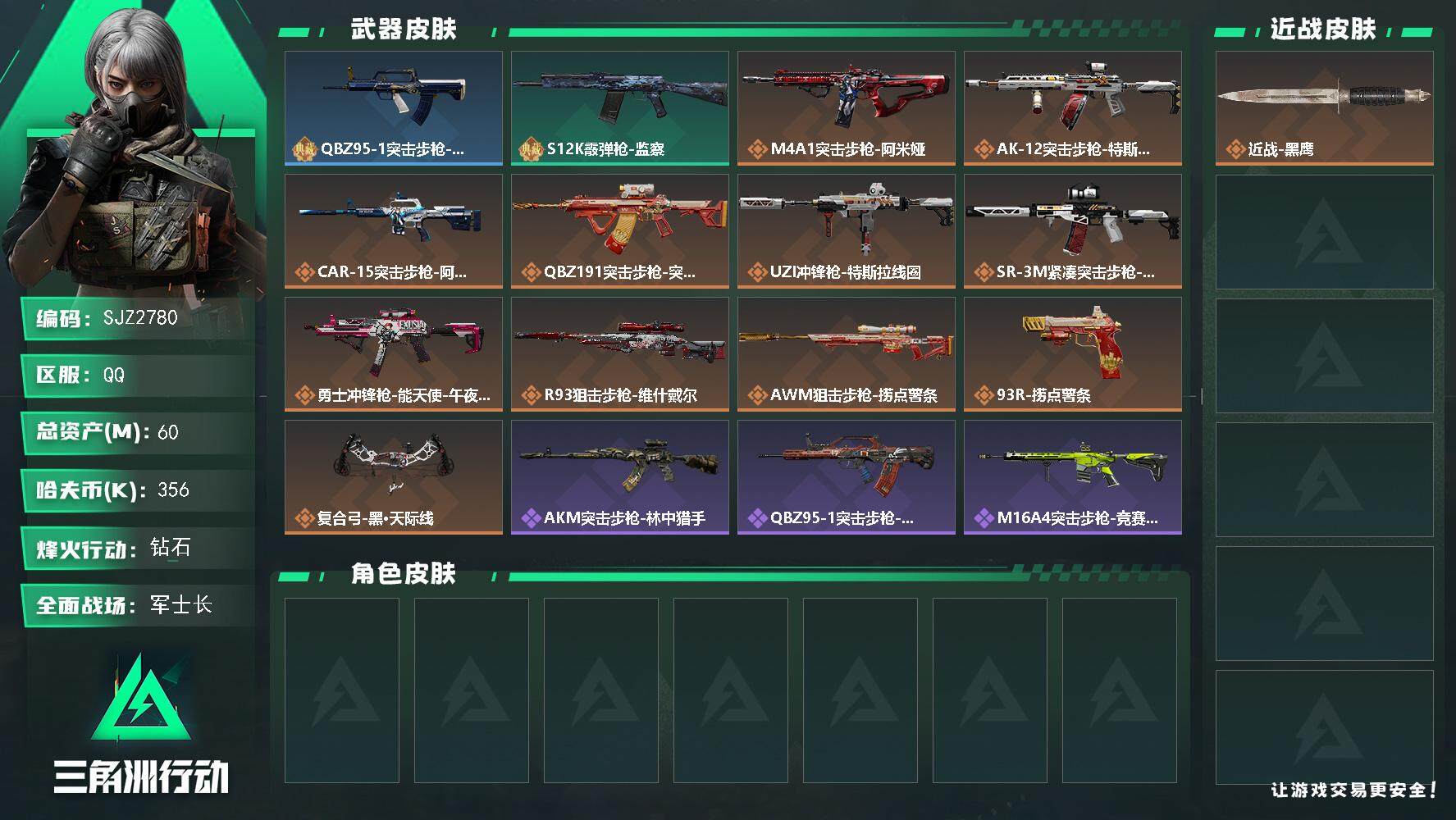 三角洲行动账号QQ【SJZ2780】总资产(M)：60M/哈夫币(K)：356K/哈夫币(K)：356K/全面战场等级：20_段位：军士长/烽火地带等级：60_段位：钻石/近战-黑鹰/QBZ95-1突击步枪-精湛工艺