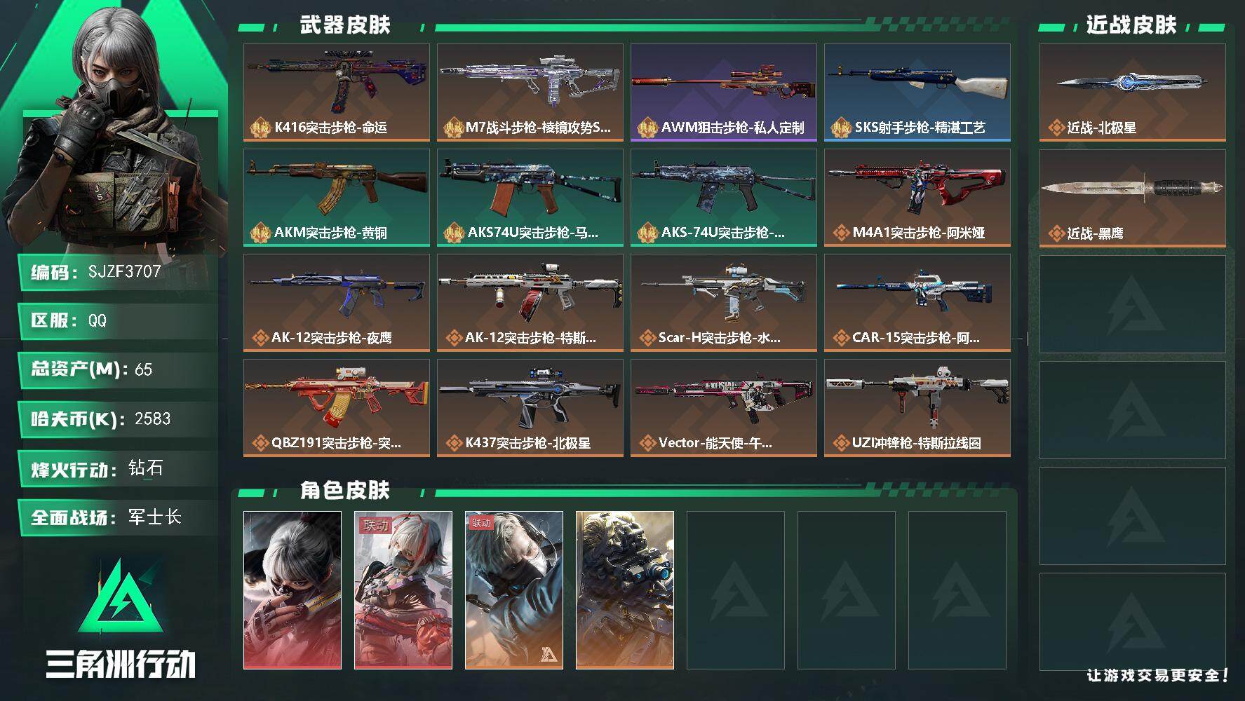 三角洲行动账号QQ【SJZF3707】总资产(M)：65M/哈夫币(K)：2583K/哈夫币(K)：2583K/传说枪