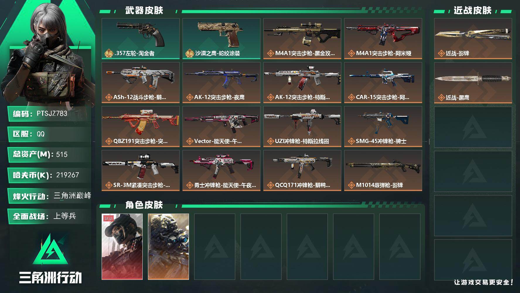 三角洲行动账号QQ【PTSJZ783】k哈伏币-481m流动资产-60烽火等级-三角洲巅峰-20战场等级-上等兵
【干