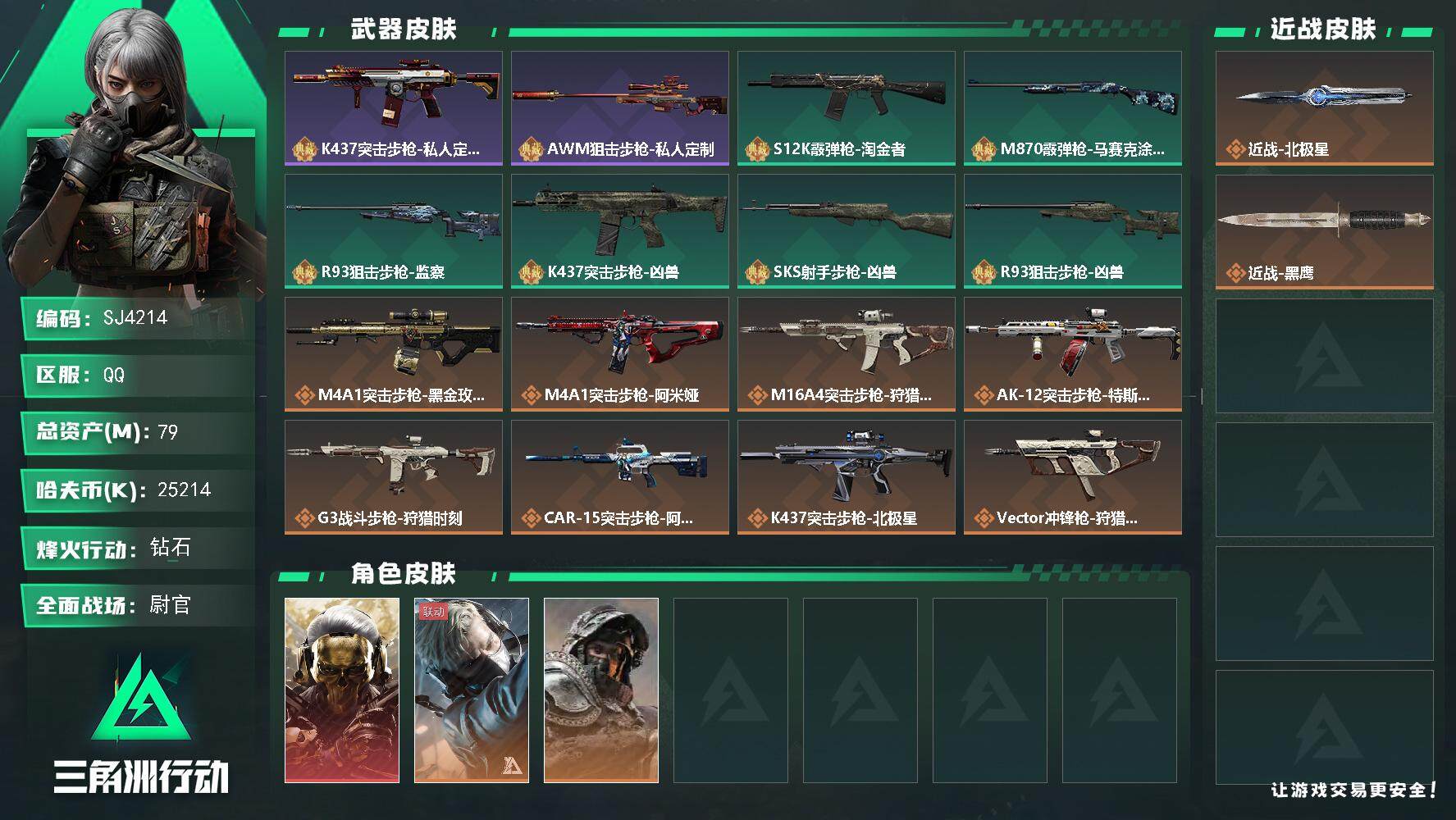 三角洲行动账号QQ【SJ4214】总资产(M)：79M/哈夫币(K)：25214K/哈夫币(K)：25214K/全面战