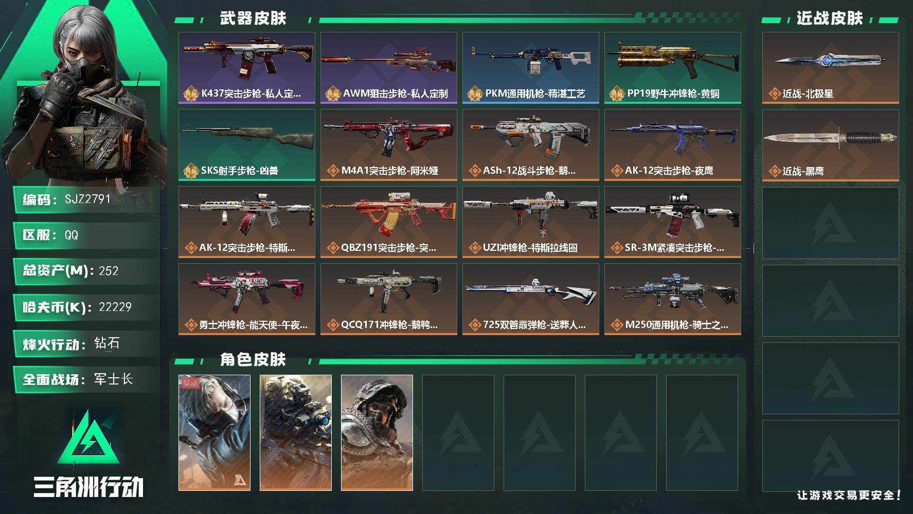 三角洲行动账号QQ【SJZ2791】总资产(M)：252M/哈夫币(K)：22229K/哈夫币(K)：22229K/全面战场等级：30_段位：军士长/烽火地带等级：60_段位：钻石/蜂医-送葬人·无题密令/无名-夜鹰