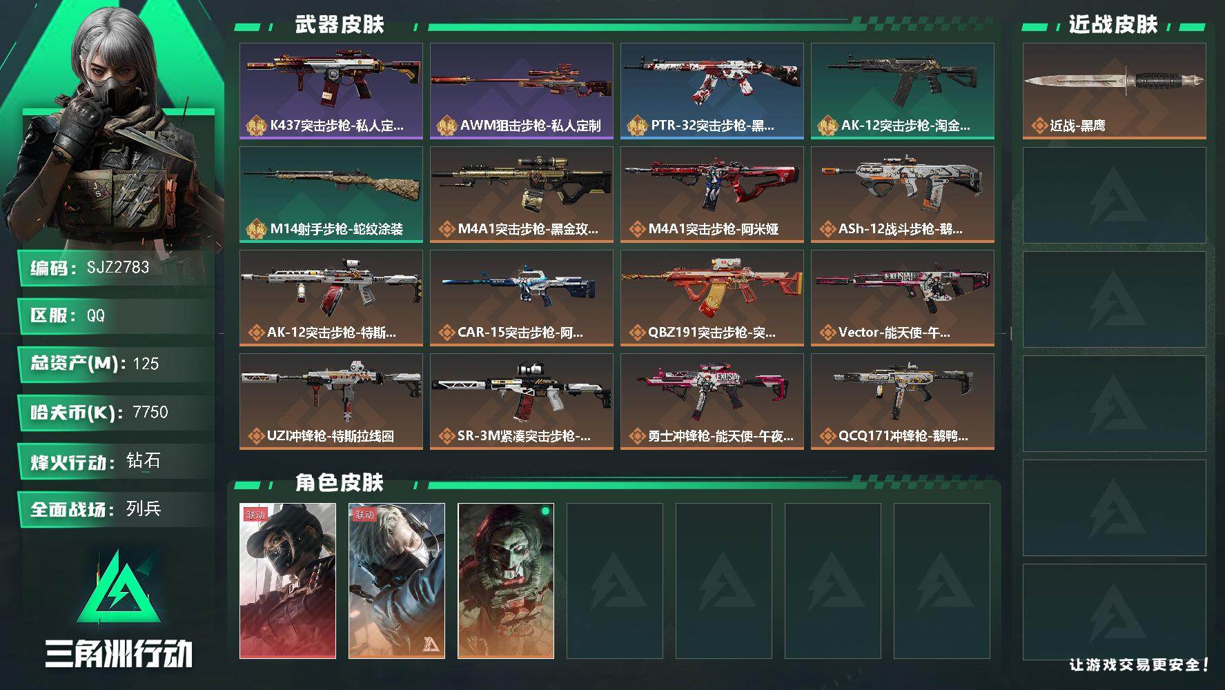 三角洲行动账号QQ【SJZ2783】总资产(M)：125M/哈夫币(K)：7750K/哈夫币(K)：7750K/传说枪皮数：20/全面战场等级：7_段位：列兵/烽火地带等级：60_段位：钻石/露娜-黑·天际线/蜂医-