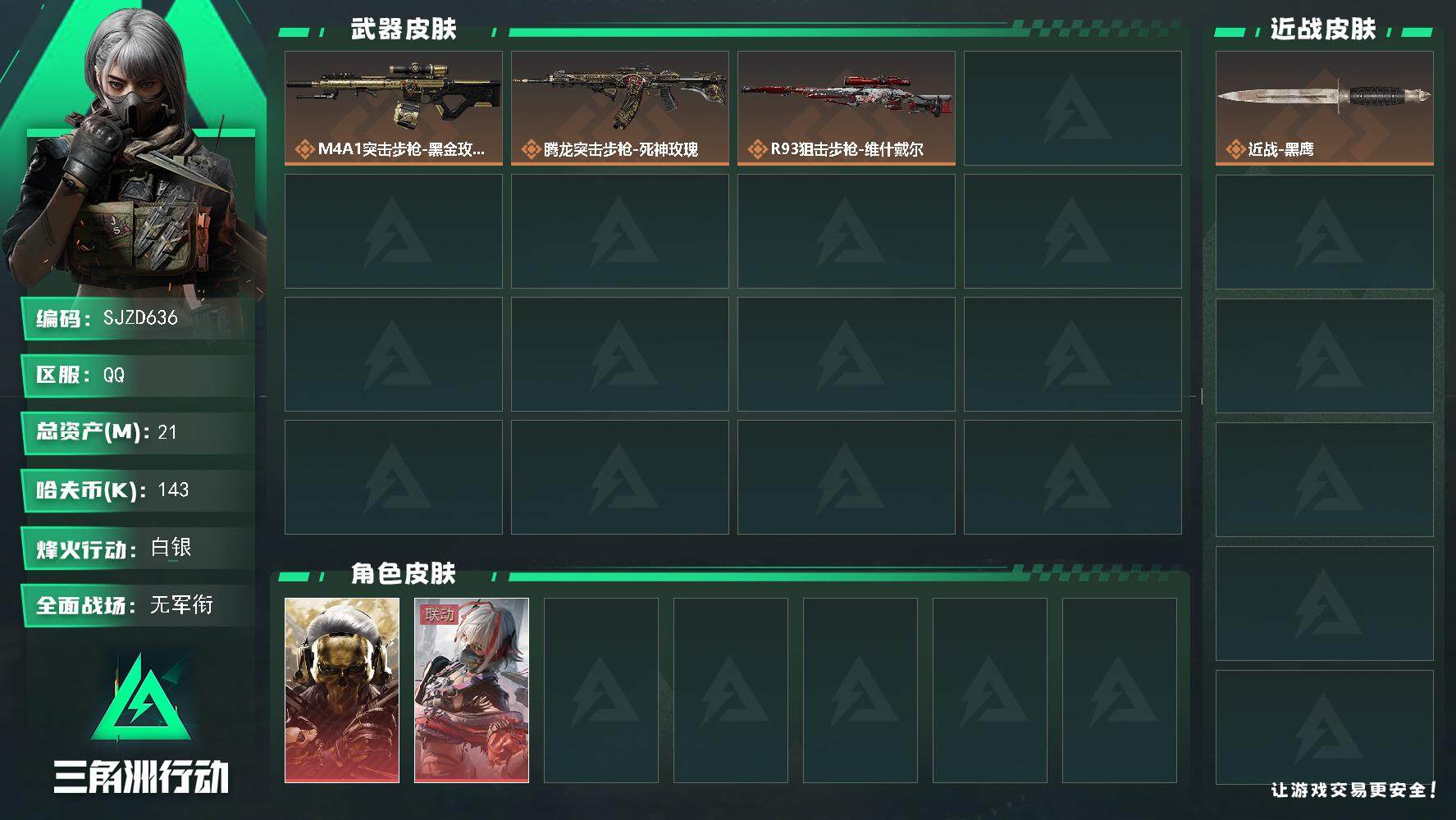 三角洲行动账号QQ【SJZD636】总资产(M)：21M/哈夫币(K)：143K/哈夫币(K)：143K/传说枪皮数：
