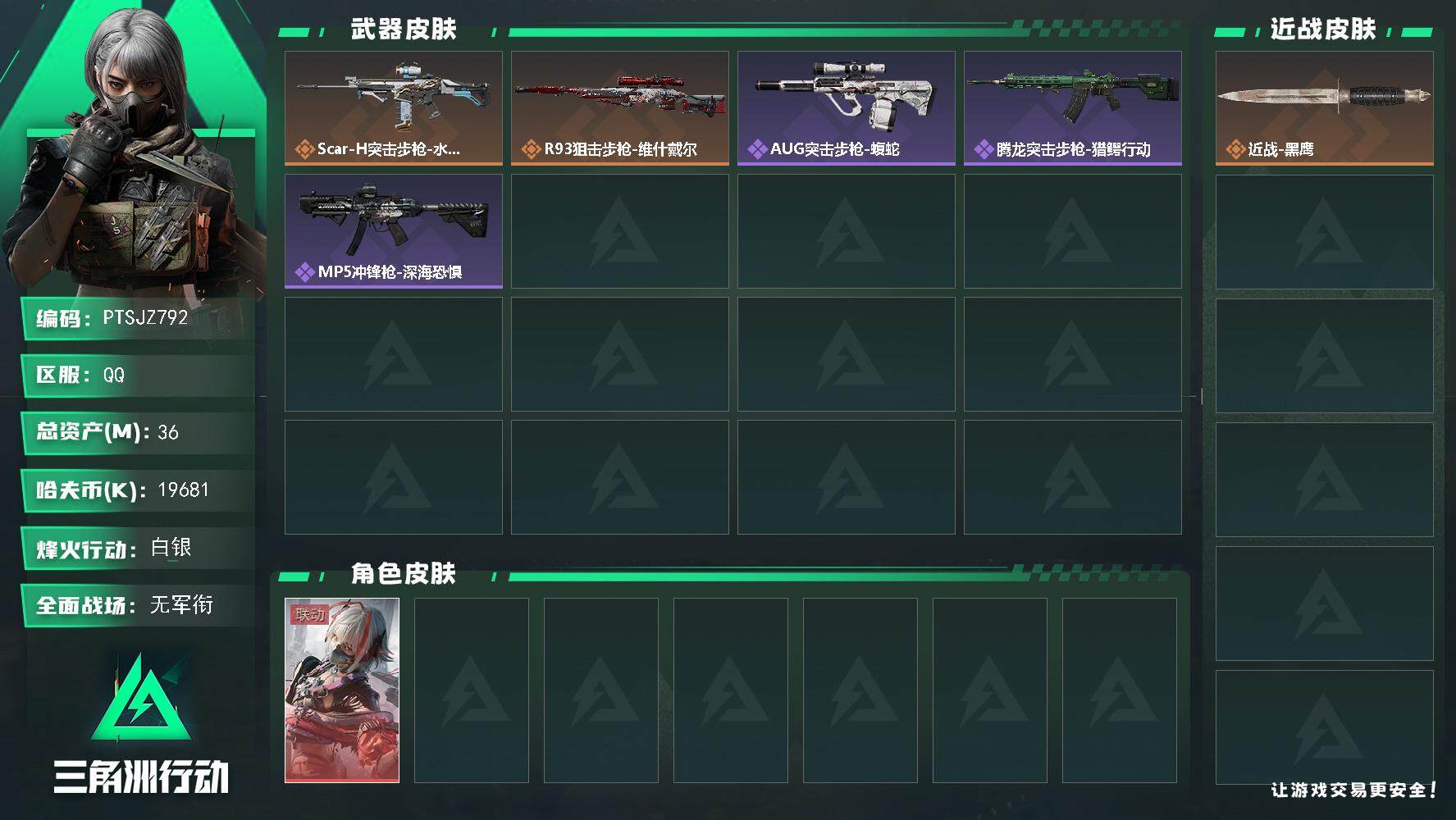 三角洲行动账号QQ【PTSJZ792】19681k哈伏币-30m流动资产-44烽火等级-白银-1战场等级-无军衔
【干