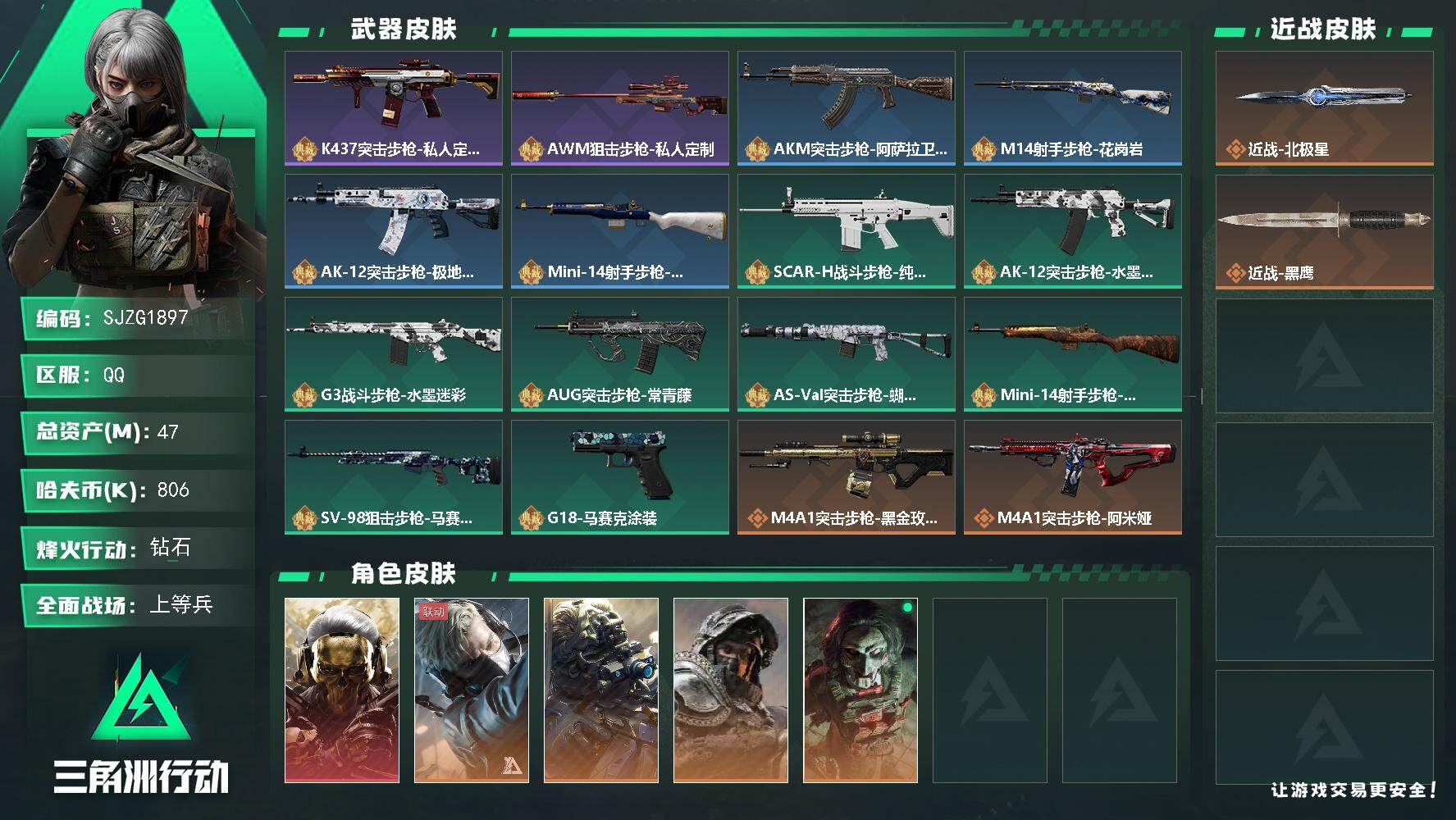 三角洲行动账号QQ【SJZG1897】总资产(M)：47M/哈夫币(K)：806K/哈夫币(K)：806K/传说枪皮数