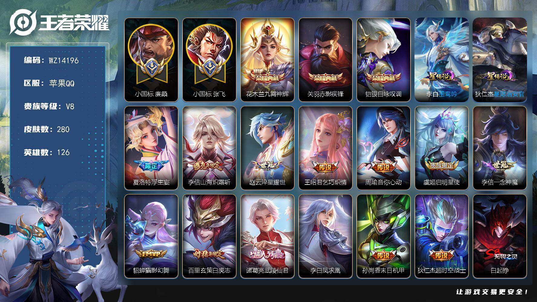 王者荣耀账号苹果QQ【WZ14196】HCA80017，对抗39段，/游走39段/小国标1.2w张飞，小国标，1w廉颇/1天幕/2星元，苹果Q-V8-荣耀黄金III段位-126英雄-280皮肤-3典藏-0珍品无双-0无