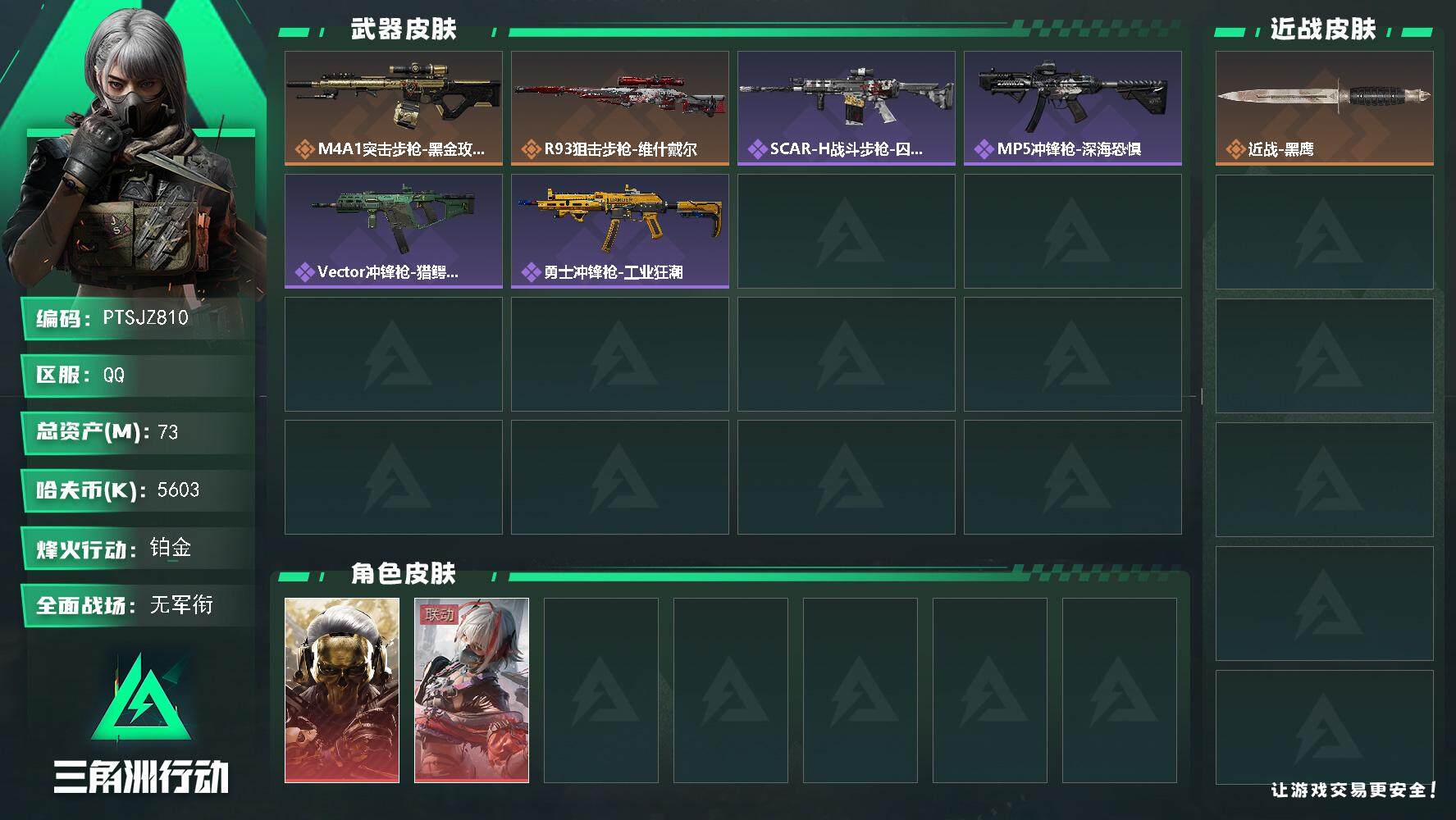 三角洲行动账号QQ【PTSJZ810】5603k哈伏币-68m流动资产-44烽火等级-铂金-1战场等级-无军衔
【干员