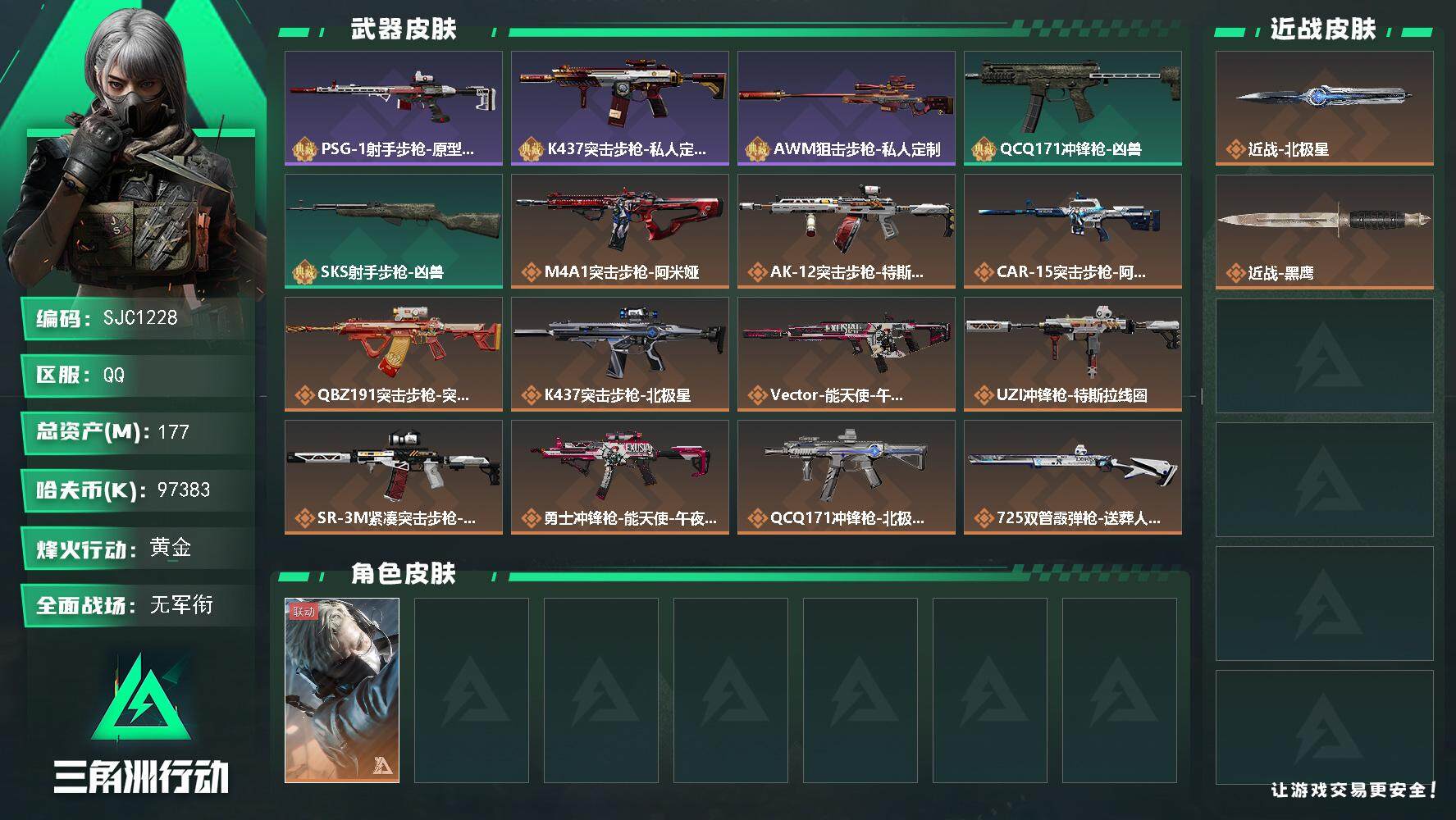 三角洲行动账号QQ【SJC1228】总资产(M)：177M/哈夫币(K)：97383K/哈夫币(K)：97383K/全面战场等级：3_段位：无段位/烽火地带等级：60_段位：黄金/蜂医-送葬人·无题密令/近战-北极星