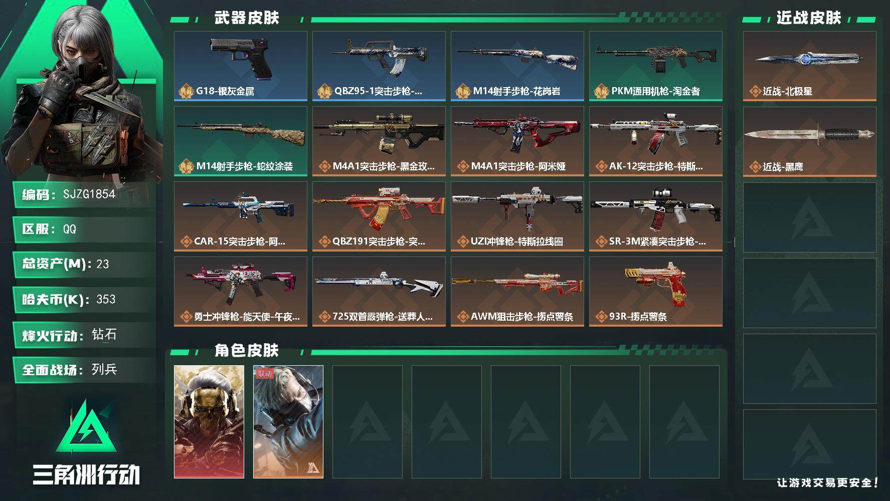 三角洲行动账号QQ【SJZG1854】总资产(M)：23M/哈夫币(K)：353K/哈夫币(K)：353K/全面战场等级：13_段位：列兵/烽火地带等级：60_段位：钻石/红狼-蚀金玫瑰/蜂医-送葬人·无题密令/近战