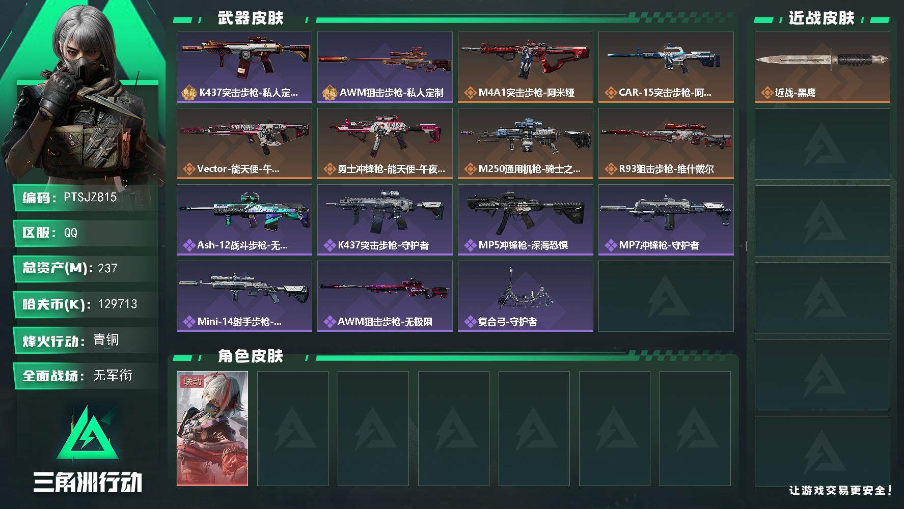 三角洲行动账号QQ【PTSJZ815】k哈伏币-237m流动资产-60烽火等级-青铜-1战场等级-无军衔
【干员外观】