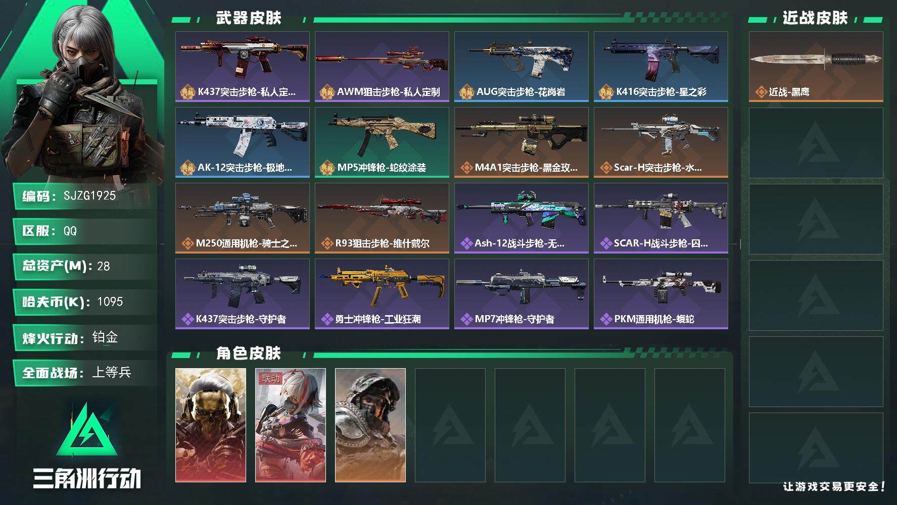 三角洲行动账号QQ【SJZG1925】总资产(M)：28M/哈夫币(K)：1095K/哈夫币(K)：1095K/传说枪皮数：6/全面战场等级：23_段位：上等兵/烽火地带等级：60_段位：铂金/红狼-蚀金玫瑰/骇爪-