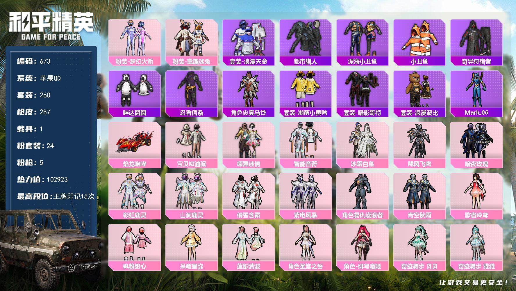 和平精英账号苹果QQ1载具-260套装-287枪皮-260套装/枪械5/装备430/载具1/战备217/王牌印记15/热