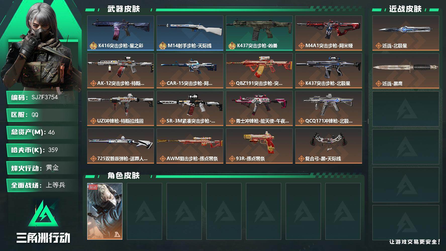 三角洲行动账号QQ【SJZF3754】总资产(M)：46M/哈夫币(K)：359K/哈夫币(K)：359K/全面战场等级：22_段位：上等兵/烽火地带等级：60_段位：黄金/蜂医-送葬人·无题密令/近战-北极星/近战