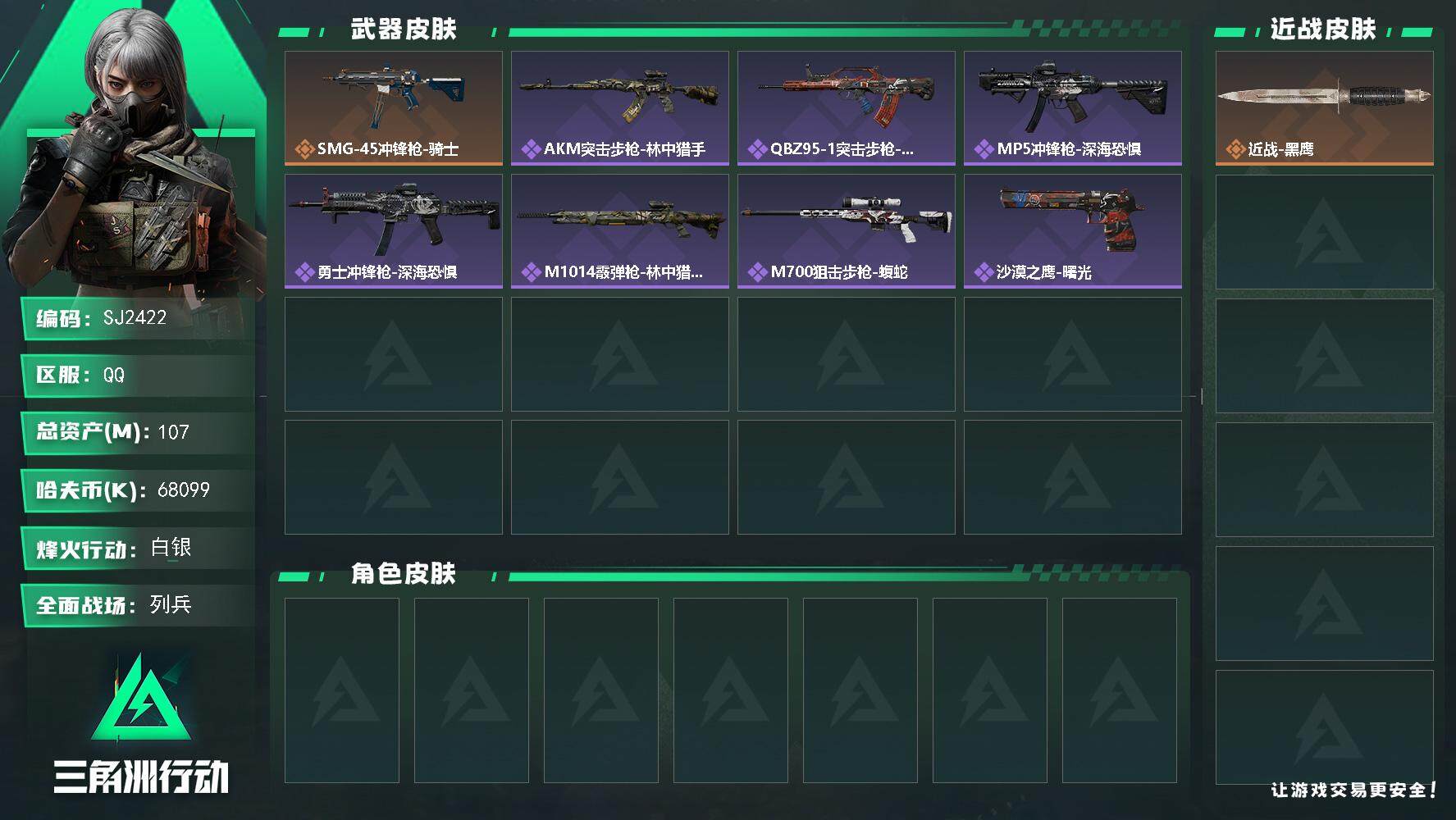 三角洲行动账号QQ【SJ2422】总资产(M)：107M/哈夫币(K)：68099K/哈夫币(K)：68099K/全面战场等级：6_段位：列兵/烽火地带等级：60_段位：白银/近战-黑鹰/SMG-45冲锋枪-骑士/A