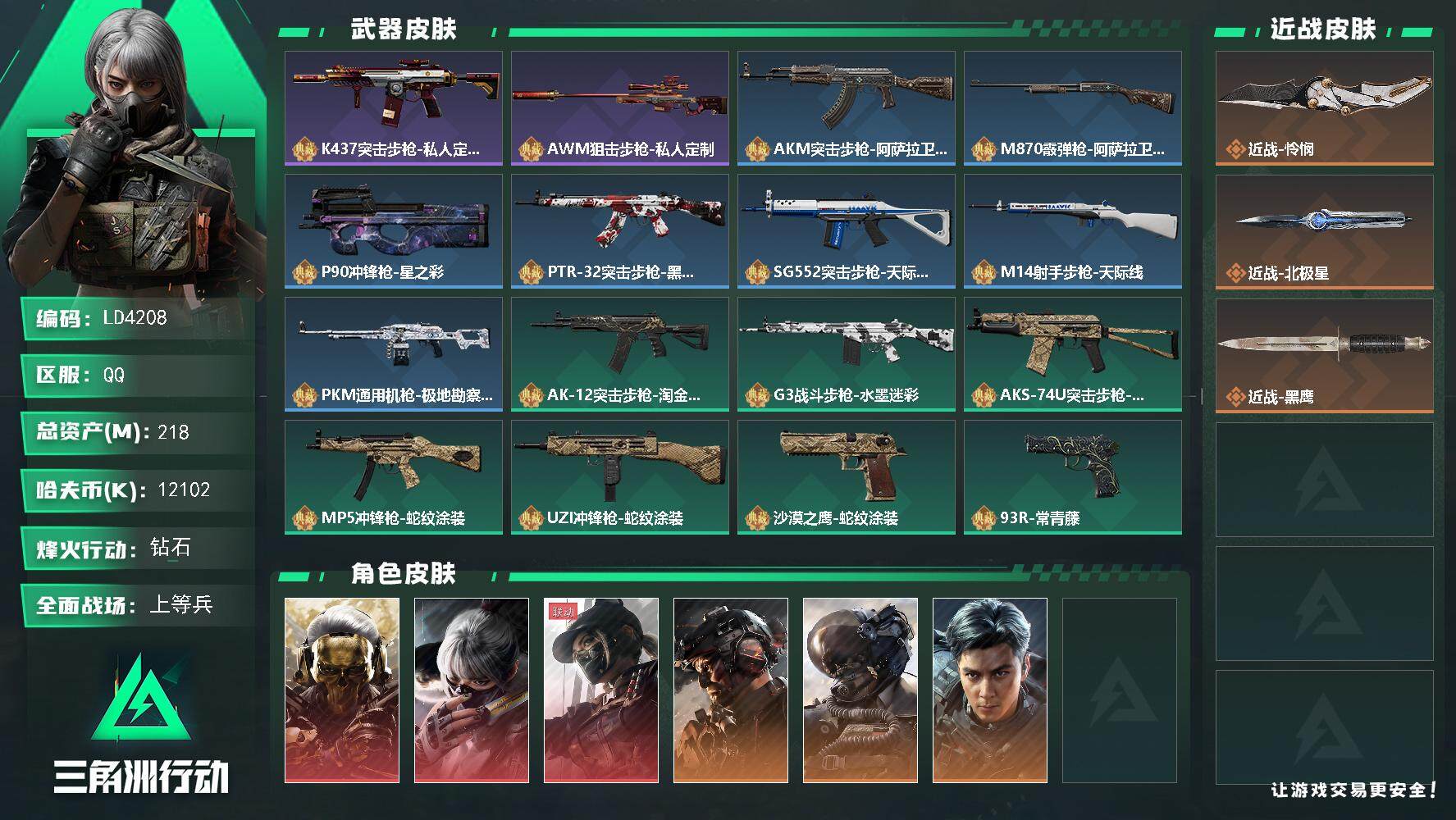 三角洲行动账号QQ【LD4208】总资产(M)：218M/哈夫币(K)：12102K/哈夫币(K)：12102K/全面战场等级：41_段位：上等兵/烽火地带等级：60_段位：钻石/红狼-蚀金玫瑰/骇爪-水墨云图/露娜